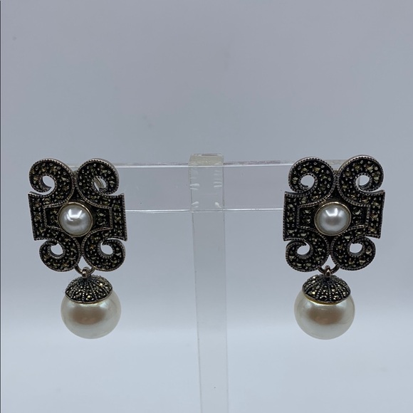 Judith Jack Stunning Sterling Marcasite & Faux Pearl Drop Earrings One of a kind - Picture 1 of 10